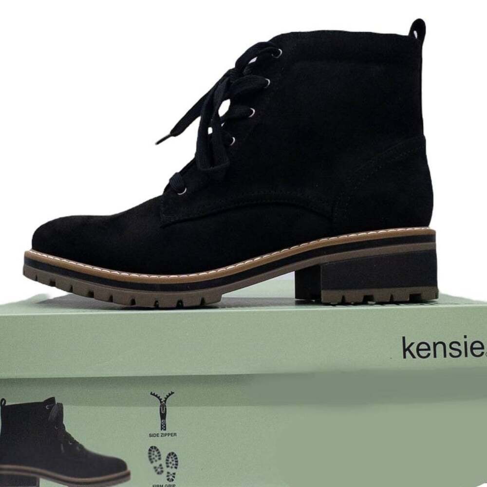 Kensie Lace Up Ankle Boots Women 9 Black Kasha Lug Sole Combat Chunky Block Heel